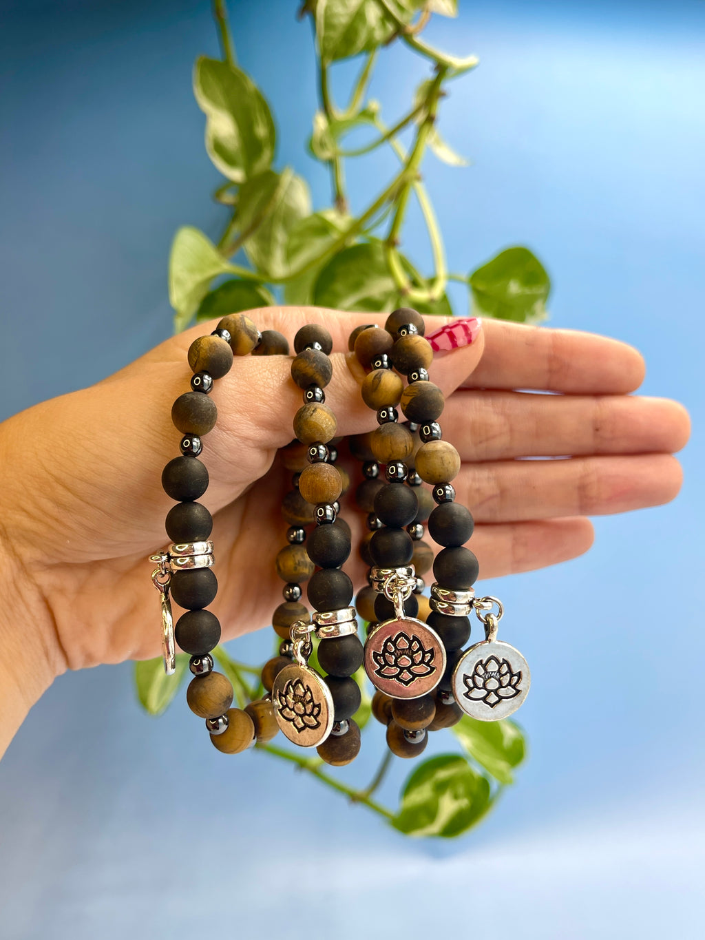 Tiger Eye & Black Onyx Lotus Charm Bracelet
