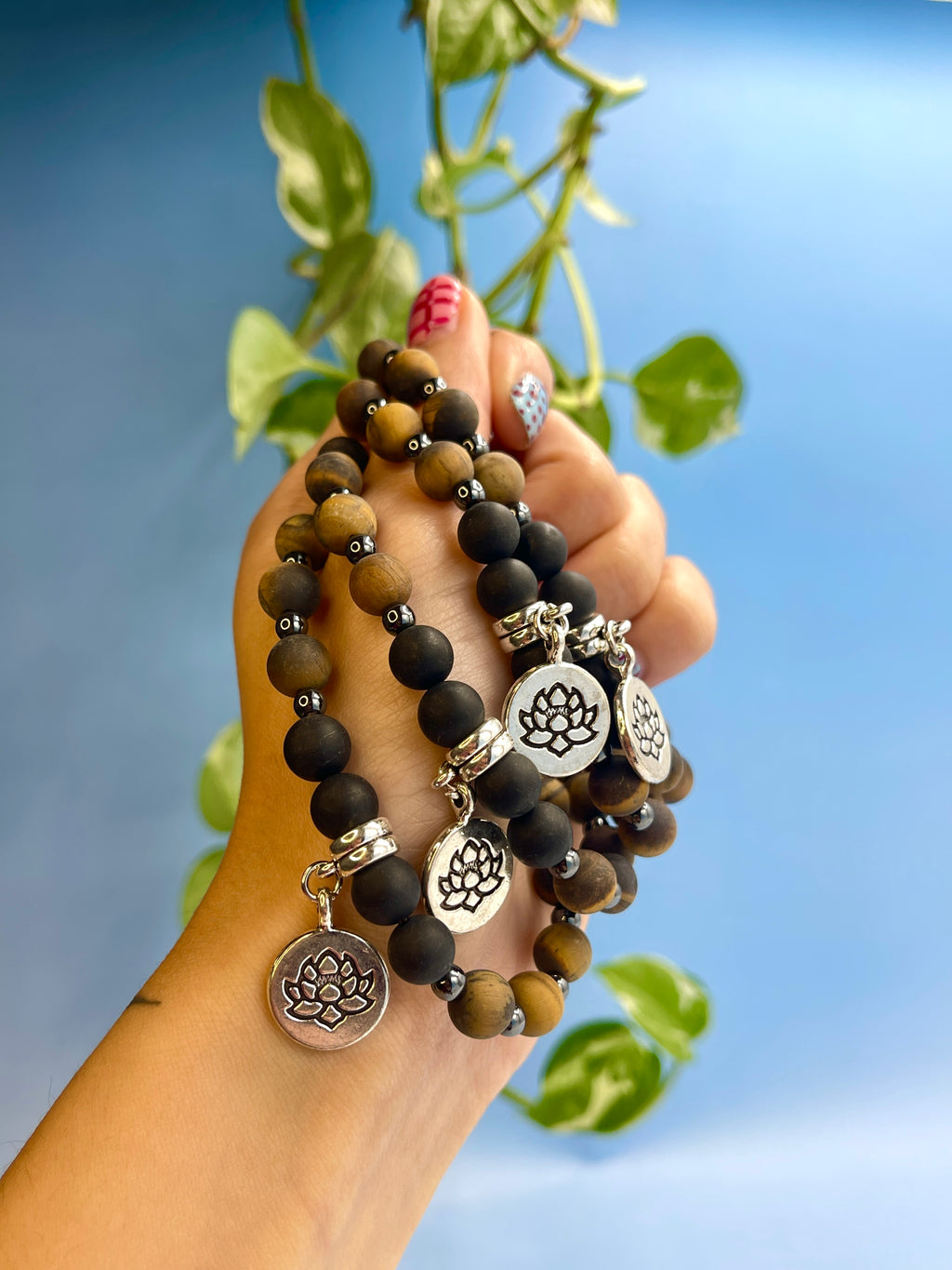 Tiger Eye & Black Onyx Lotus Charm Bracelet