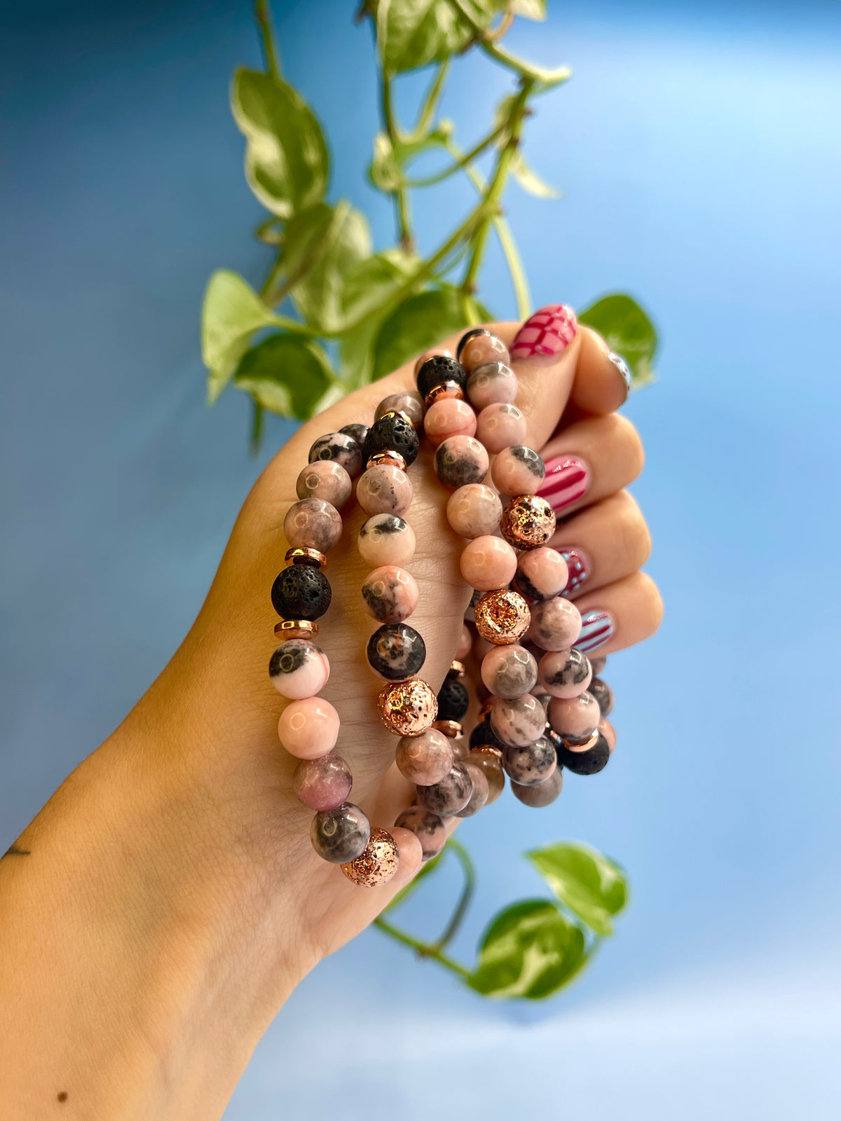 Pink Zebra Jasper, Lava Stone, & Rose Gold Plated Hematite Bracelet