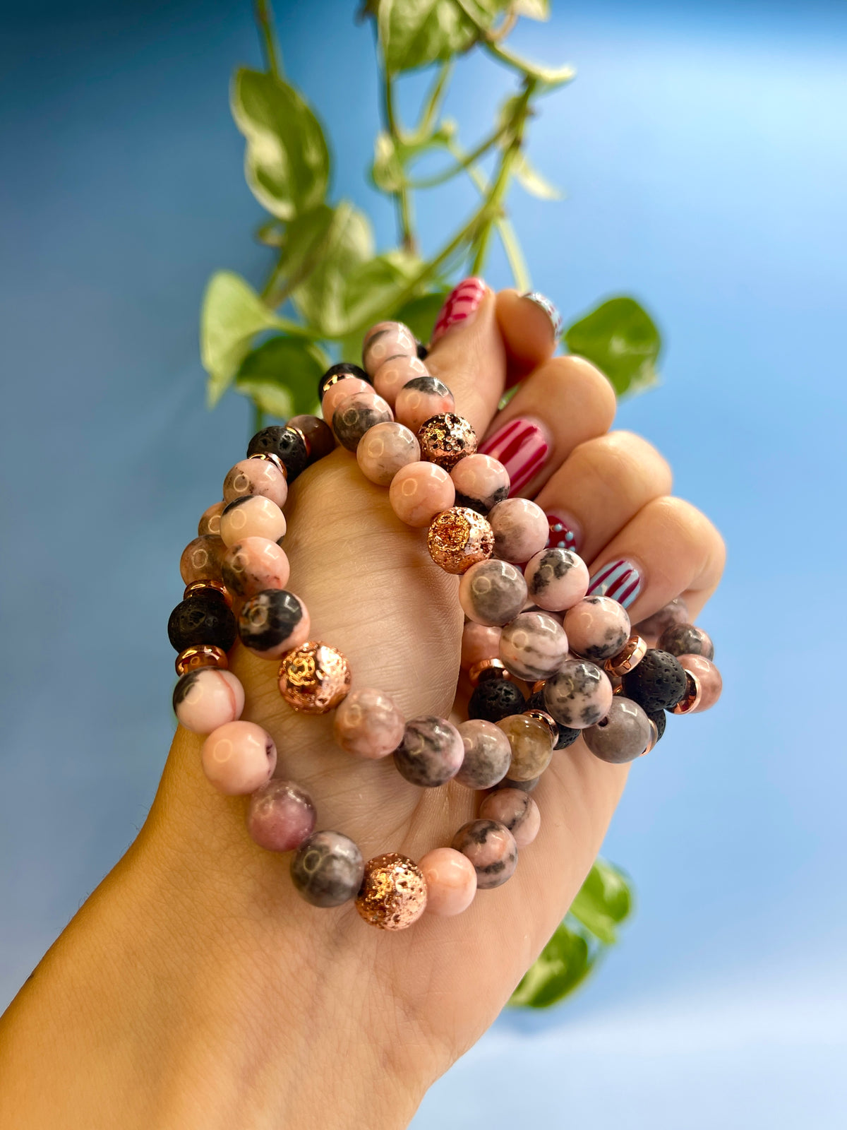 Pink Zebra Jasper, Lava Stone, & Rose Gold Plated Hematite Bracelet