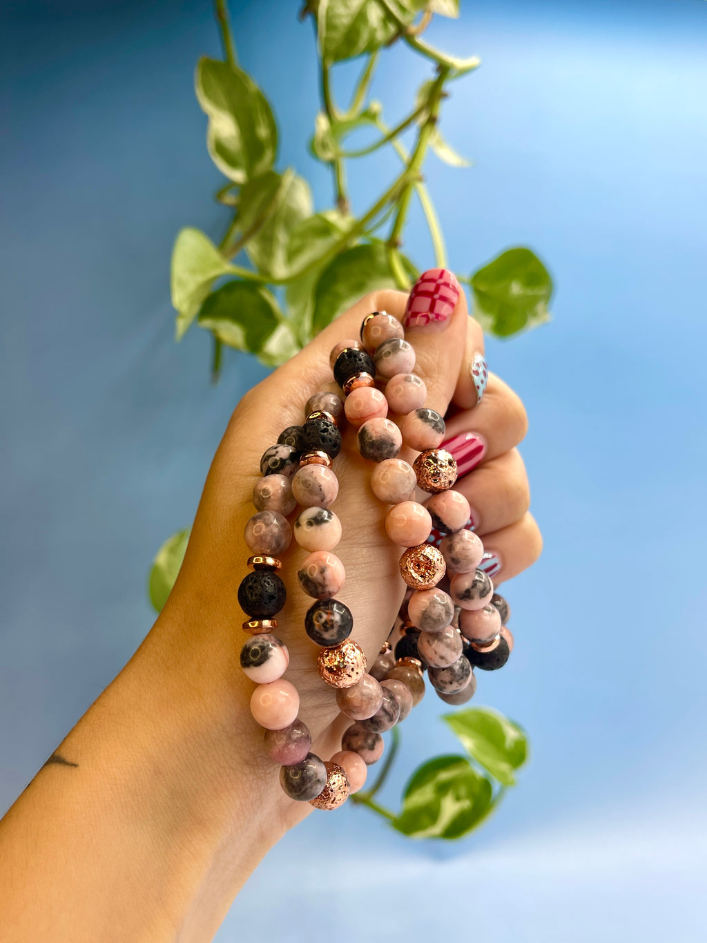 Pink Zebra Jasper, Lava Stone, & Rose Gold Plated Hematite Bracelet