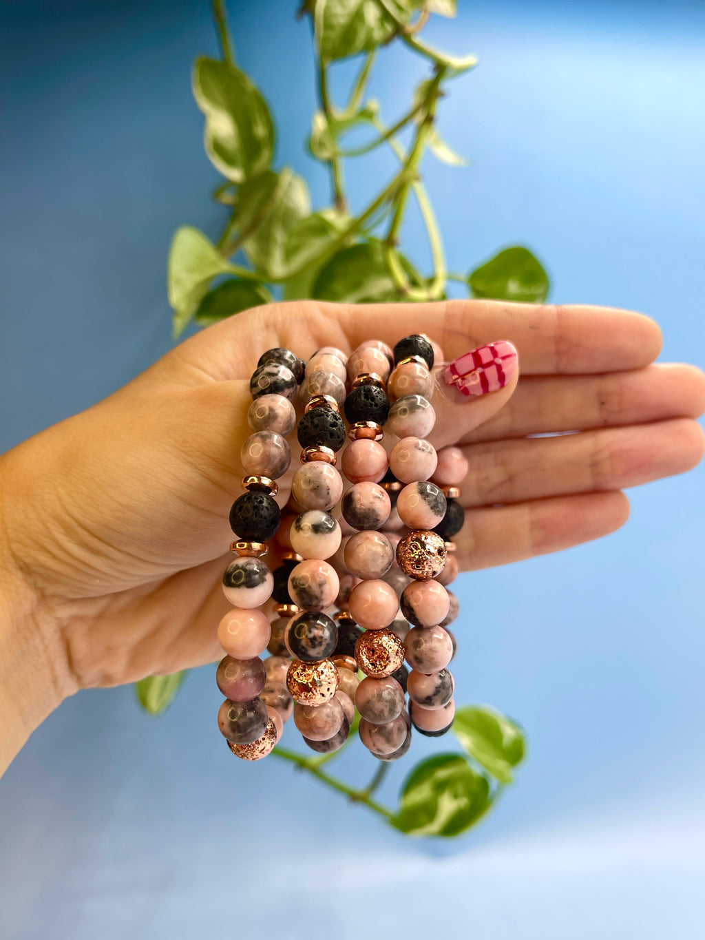 Pink Zebra Jasper, Lava Stone, & Rose Gold Plated Hematite Bracelet