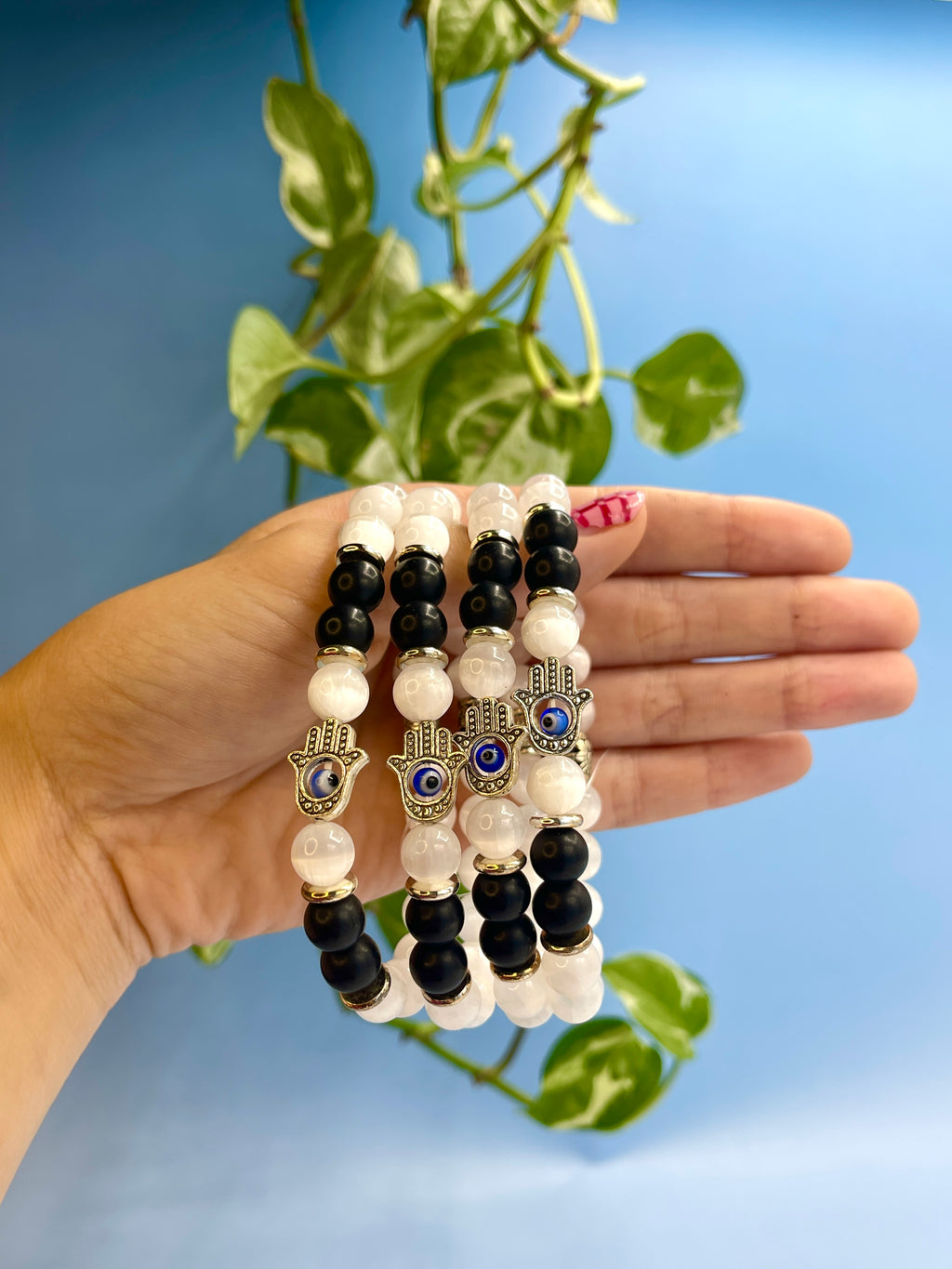 Selenite & Lava Stone Hamas Hand Charm Bracelet