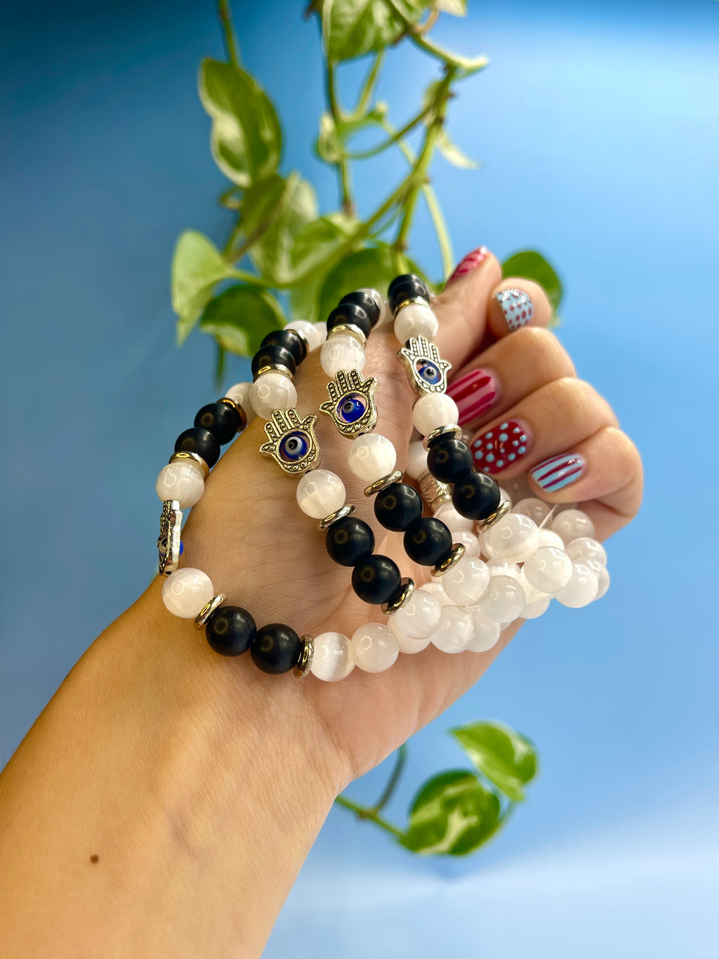 Selenite & Lava Stone Hamas Hand Charm Bracelet