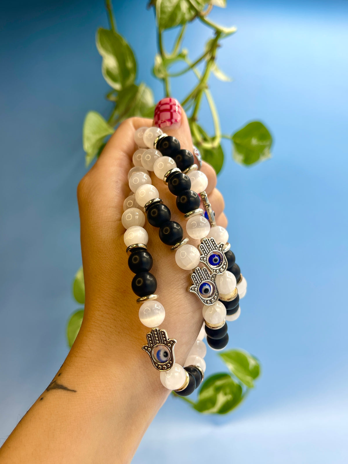 Selenite & Lava Stone Hamas Hand Charm Bracelet