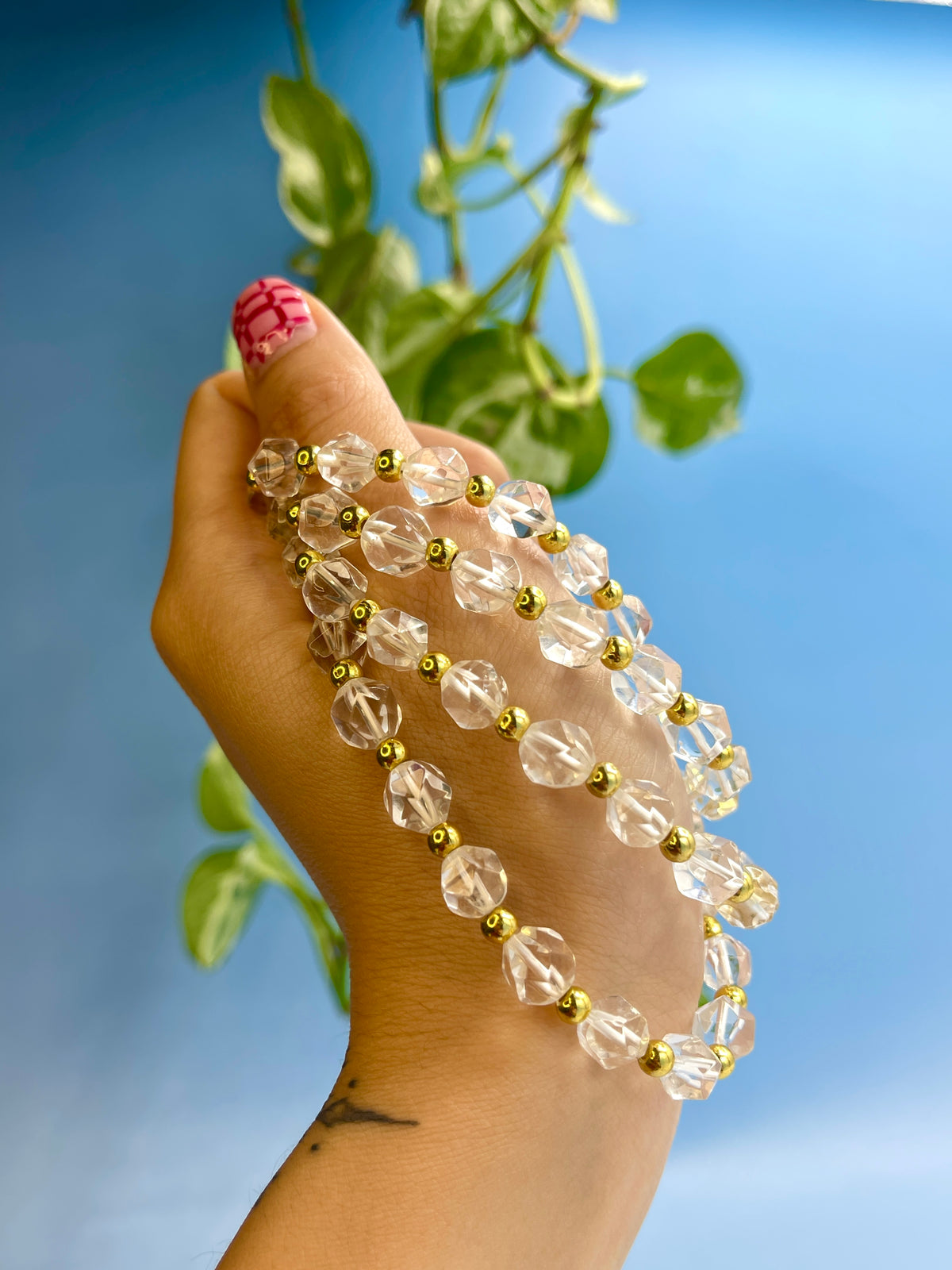 Clear Quartz & Gold Plated Bead Bracelet