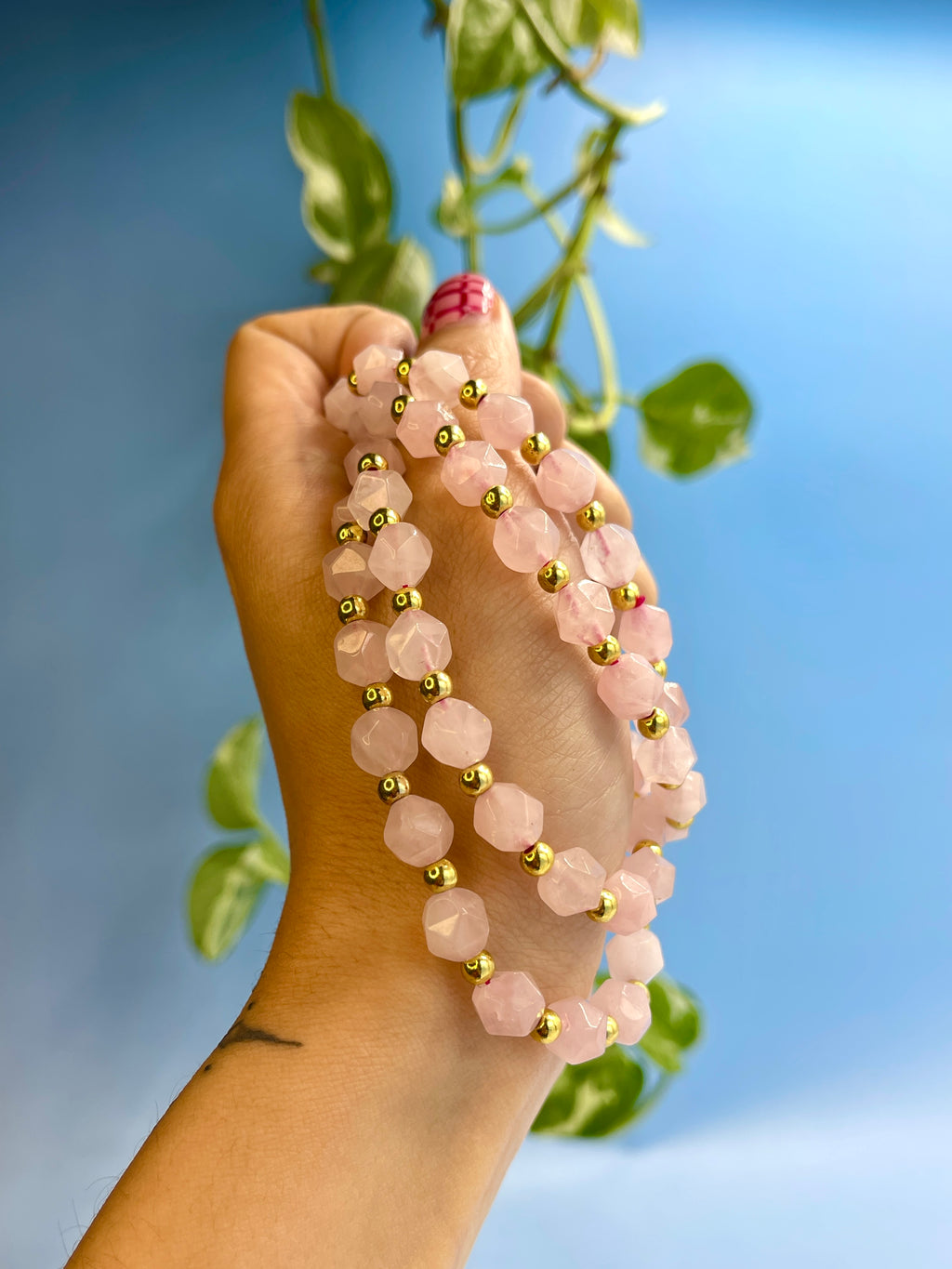Rose Quartz & Gold Plated Bead Bracelet