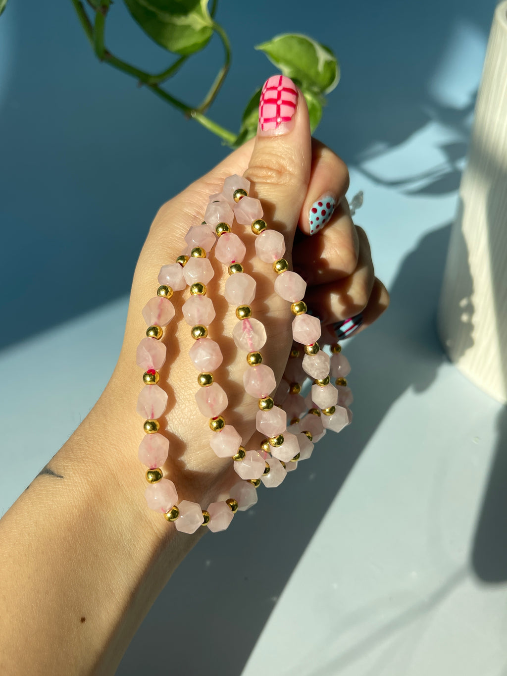 Rose Quartz & Gold Plated Bead Bracelet